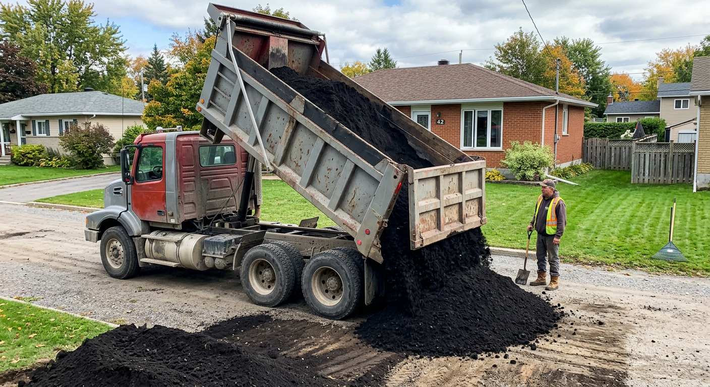 Livraison de pierres concassées sur chantier résidentiel — Laval